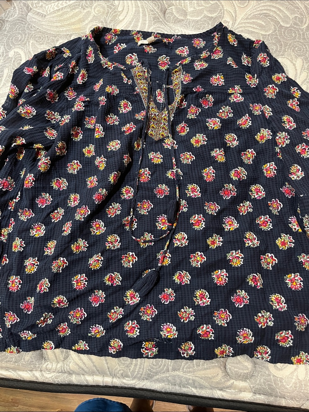 LOFT Navy Floral Tunic with Pink and Yellow Blooms